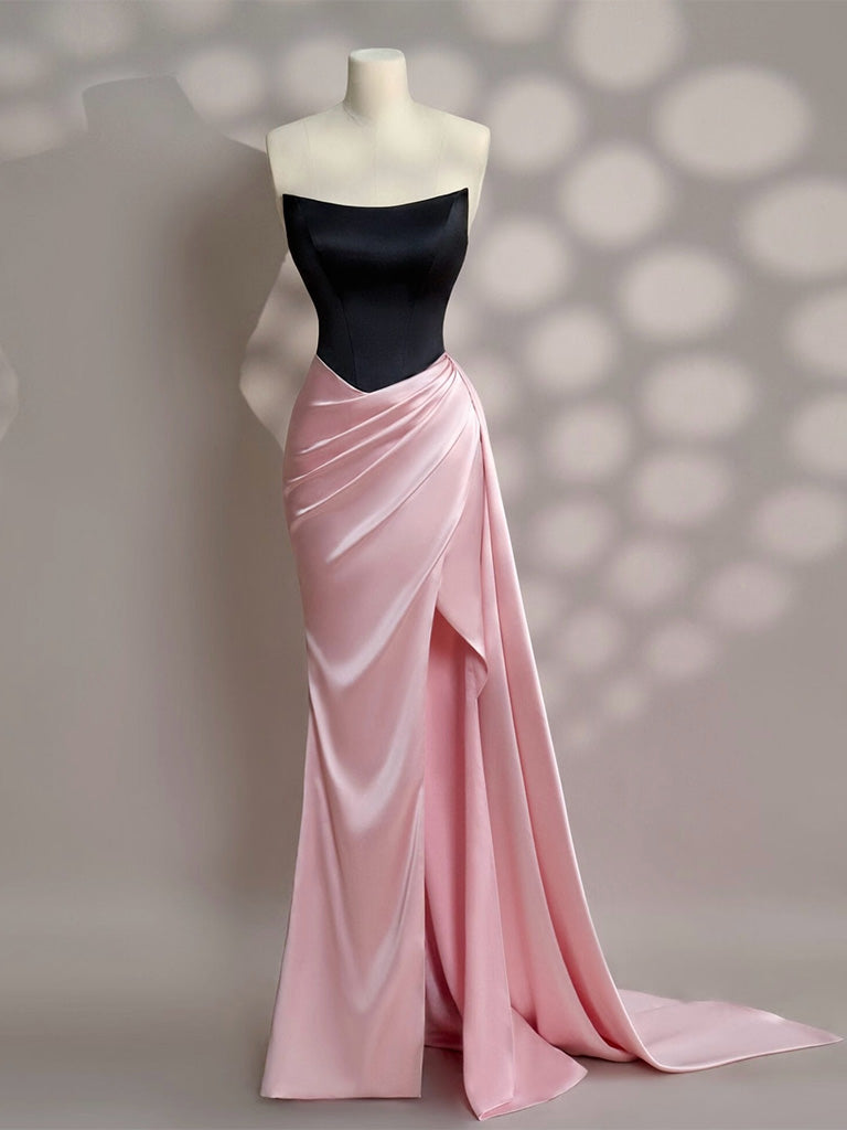 Simple Slit Pleated Mermaid Satin Sweep Train Pink Long Formal Prom Dress Main image