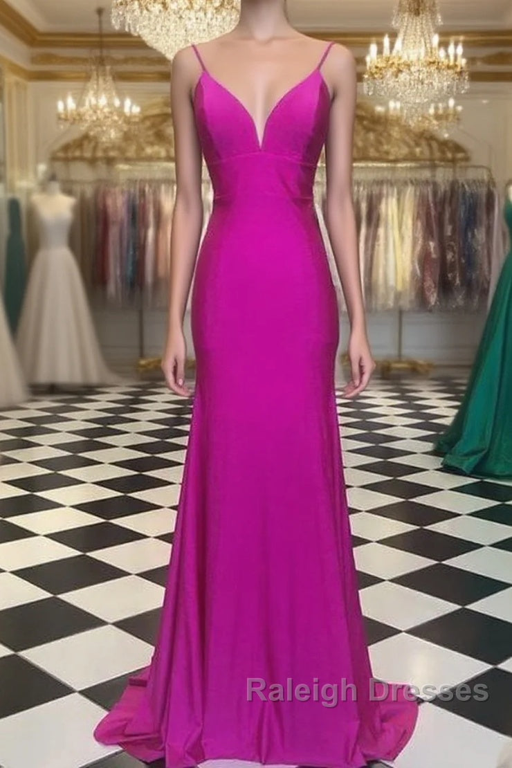 Simple Spagehtti Straps Fuchsia Satin Mermaid Prom Dress