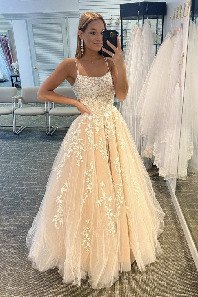 Simple Spaghetti Straps A-Line Lace Appliques Tulle Long Prom Dresses