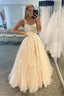 Simple Spaghetti Straps A-Line Lace Appliques Tulle Long Prom Dresses