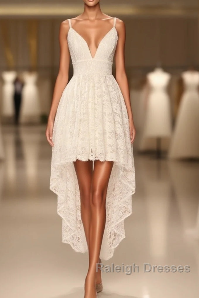 Simple Spaghetti Straps Hi-Lo Prom Dresses White Lace Prom Dresses Main image