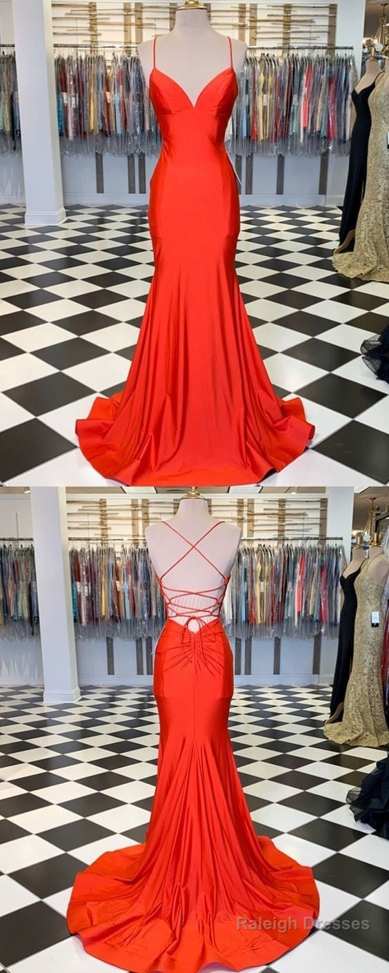 Simple Spaghetti Straps Orange Satin Mermaid Prom Dresses Main image