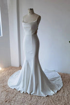 Simple Spaghetti Straps Satin Mermaid Ivory Wedding Dress Bridal Gown