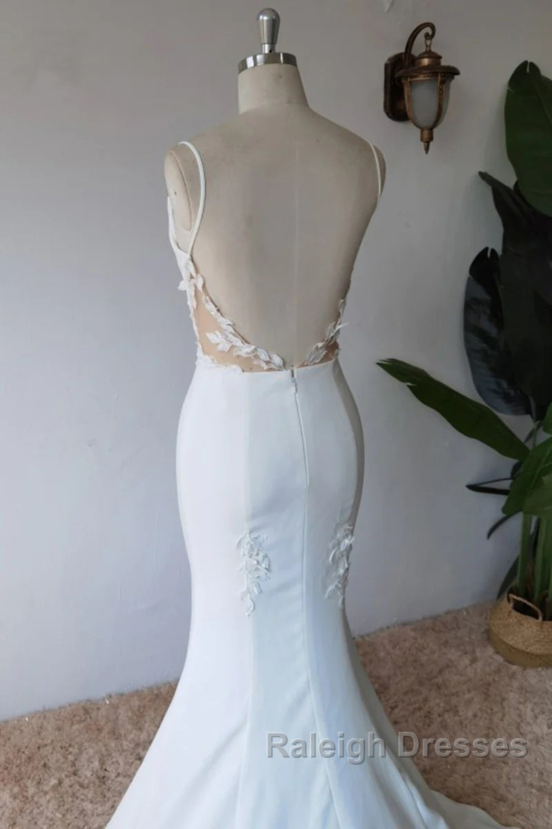 Simple Spaghetti Straps Satin Mermaid Ivory Wedding Dress Bridal Gown