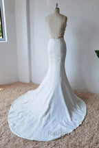 Simple Spaghetti Straps Satin Mermaid Ivory Wedding Dress Bridal Gown