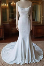 Simple Spaghetti Straps Satin Mermaid Ivory Wedding Dress Bridal Gown