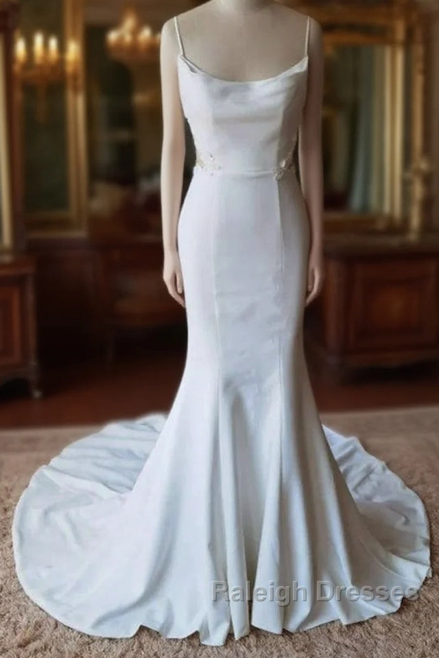 Simple Spaghetti Straps Satin Mermaid Ivory Wedding Dresses Bridal Gown Main image