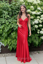 Simple Spaghetti Straps V-neck Sheath Satin Prom Dress