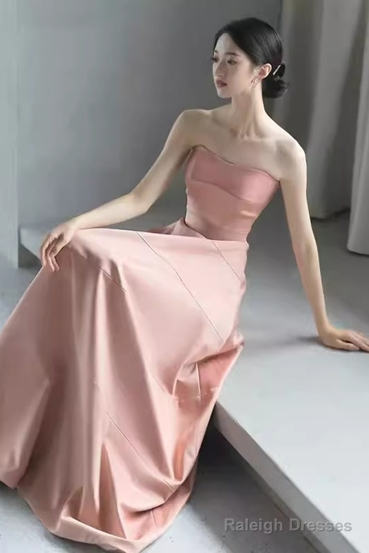 Simple Strapless Pink Long Prom Dresses