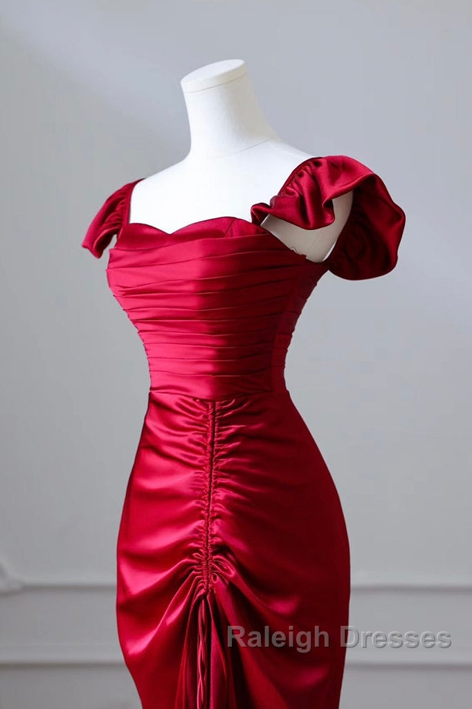 Simple Sweetheart Neck Satin Burgundy Long Prom Dress, Burgundy Long Formal Dress