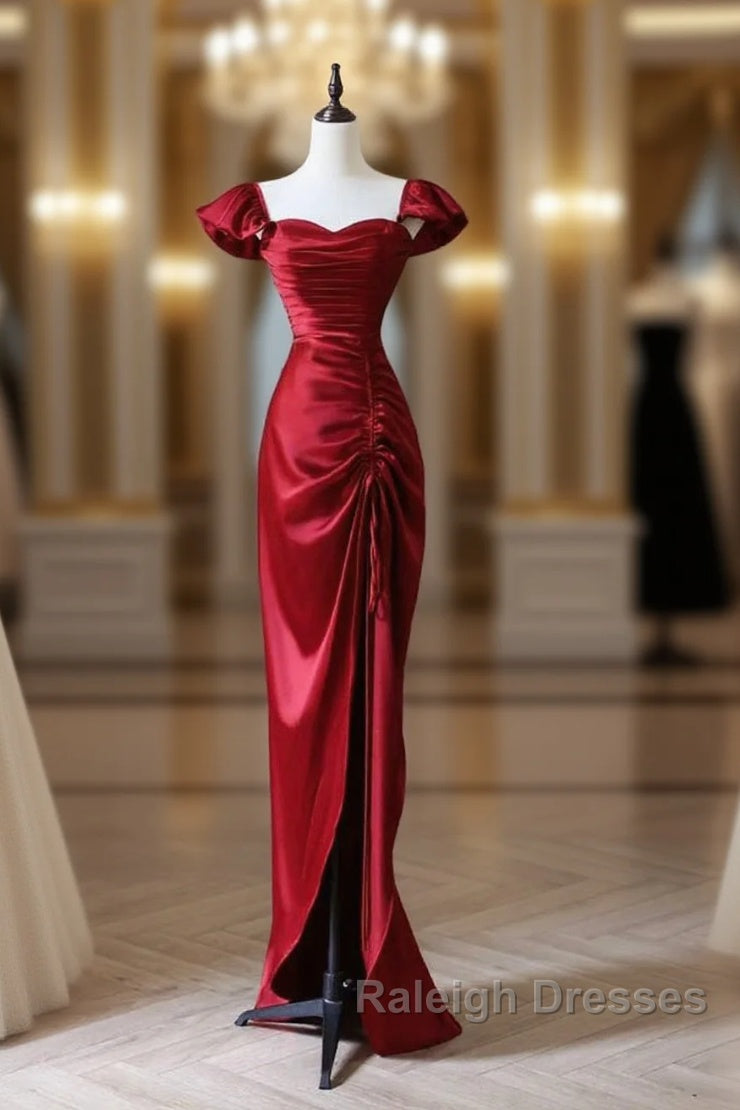 Simple Sweetheart Neck Satin Burgundy Long Prom Dress, Burgundy Long Formal Dress Main image