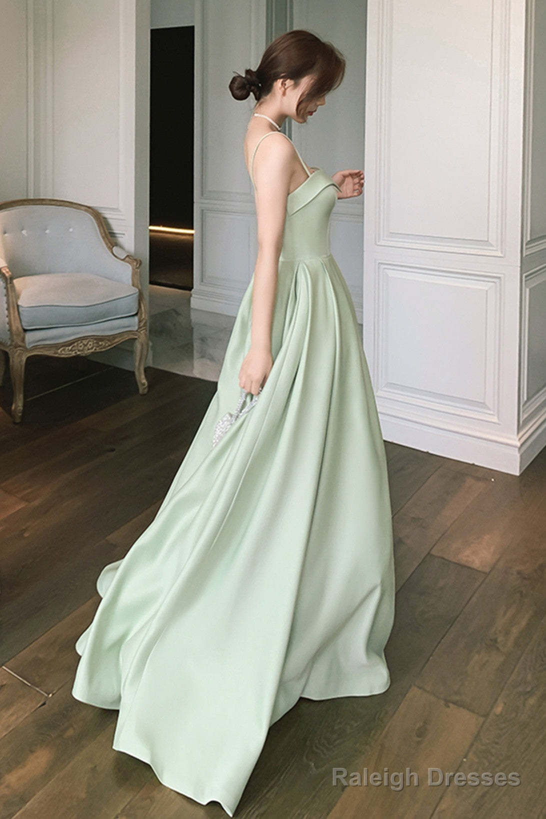 Simple Sweetheart Straps Satin Long Party Dress, A-Line Satin Green Prom Dress Secondary image