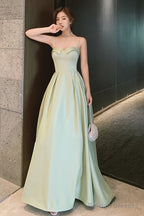 Simple Sweetheart Straps Satin Long Party Dress, A-Line Satin Green Prom Dress