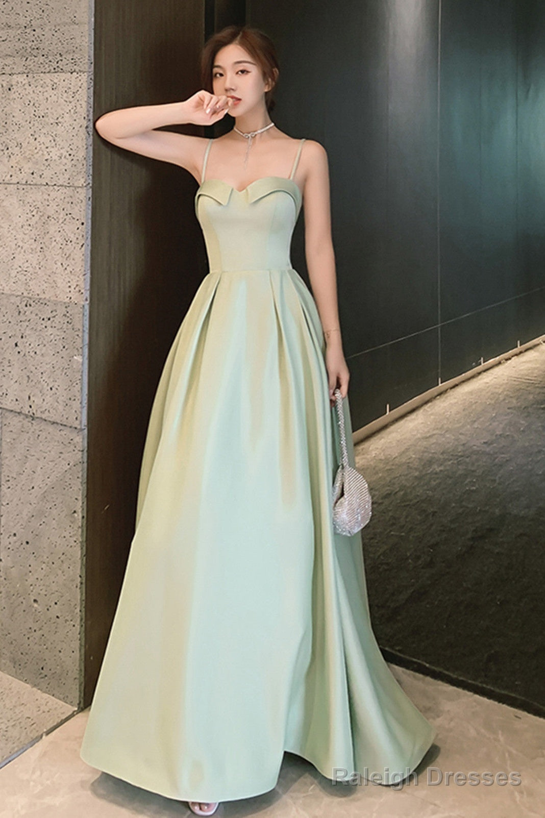 Simple Sweetheart Straps Satin Long Party Dress, A-Line Satin Green Prom Dress