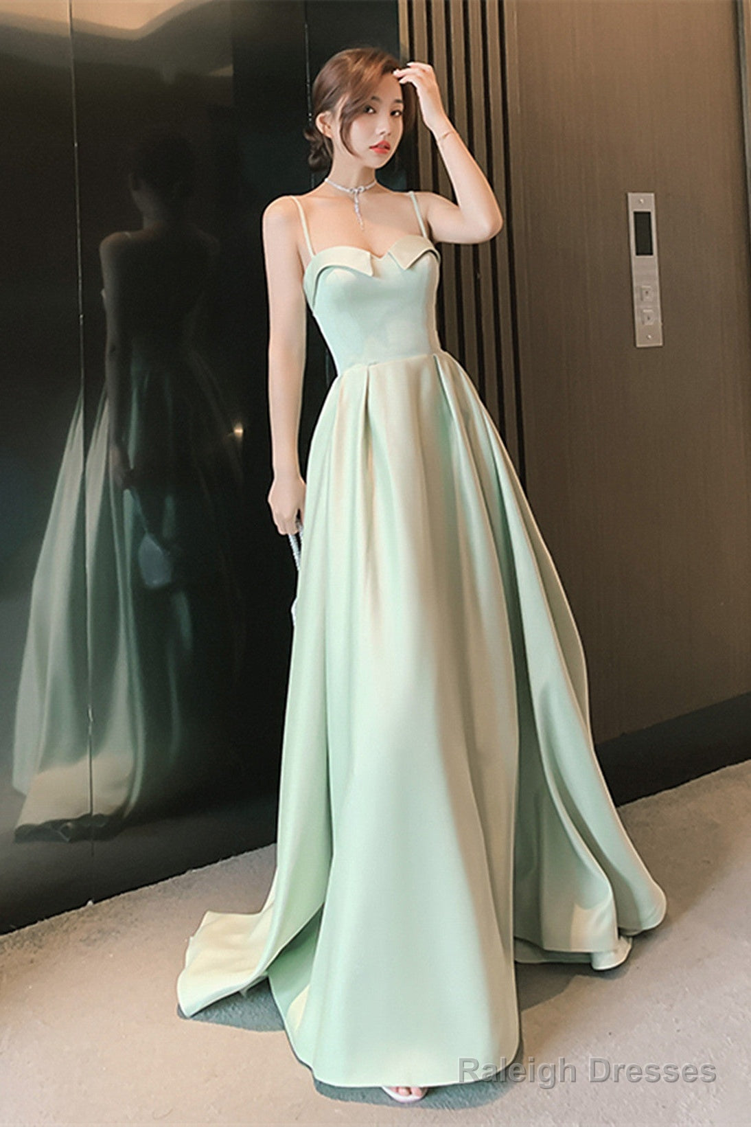 Simple Sweetheart Straps Satin Long Party Dress, A-Line Satin Green Prom Dress