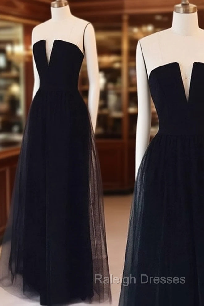 Simple Tulle Black Long Prom Dress, Black Formal Dress Main image