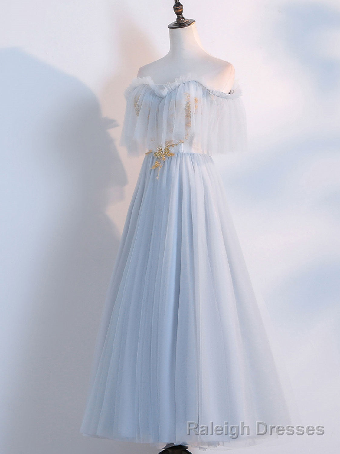 Simple Tulle Lace Gray Blue Prom Dresses, Tea Length Lace Bridesmaid Dresses