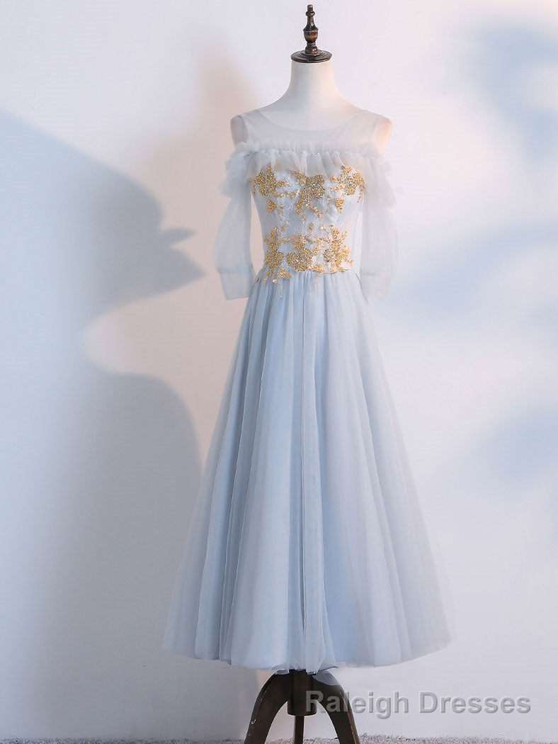 Simple Tulle Lace Gray Blue Prom Dresses, Tea Length Lace Bridesmaid Dresses