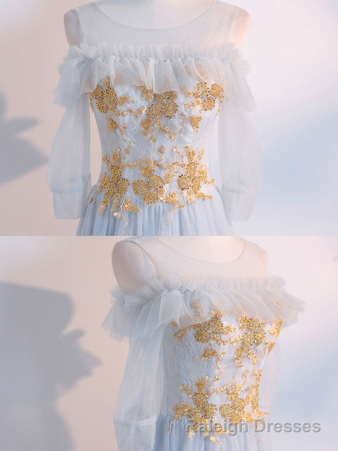 Simple Tulle Lace Gray Blue Prom Dresses, Tea Length Lace Bridesmaid Dresses