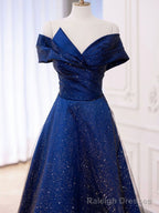Simple Tulle Satin Dark Blue Long Prom Dress, Blue Formal Prom Dress