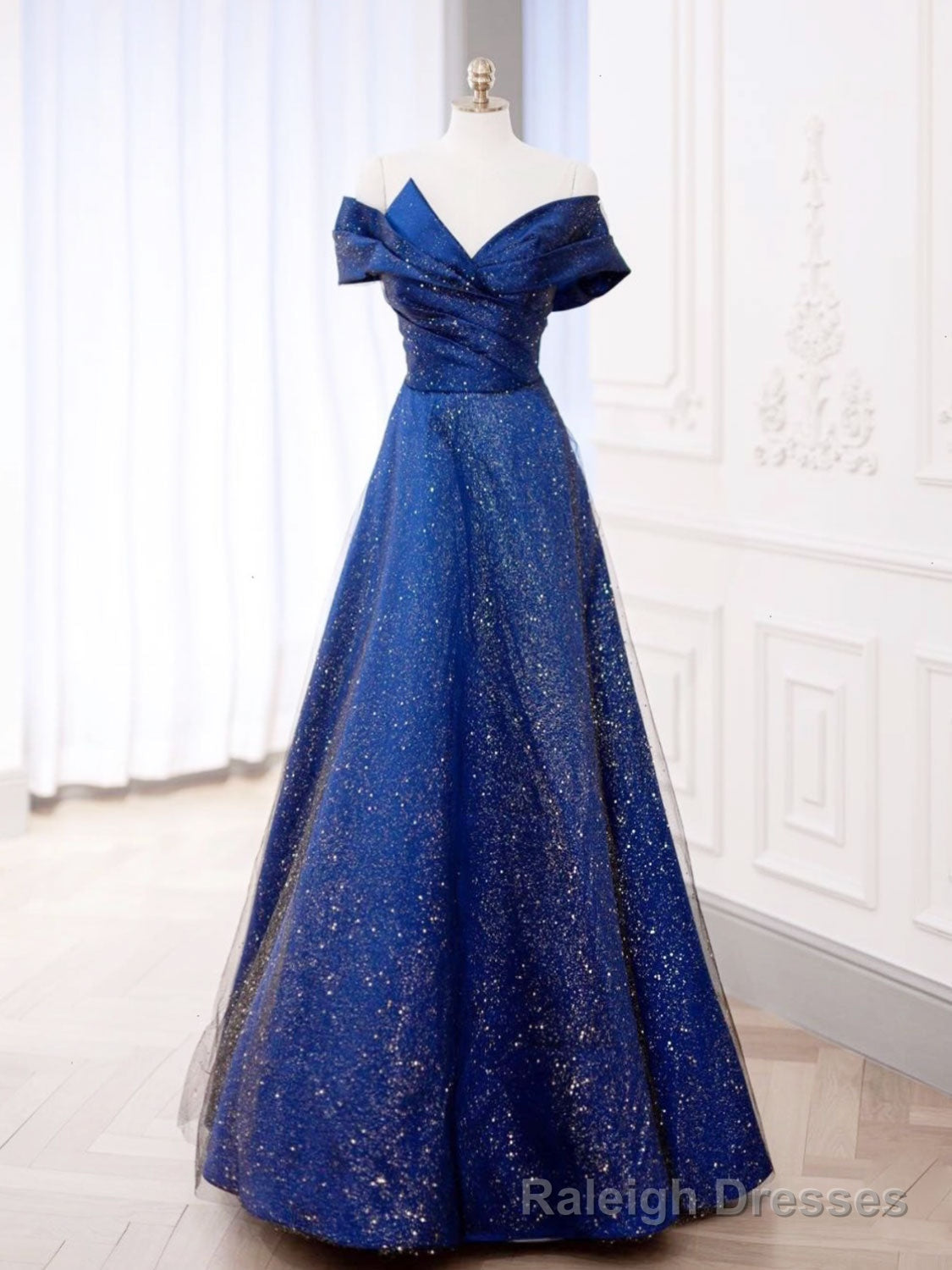 Simple Tulle Satin Dark Blue Long Prom Dress, Blue Formal Evening Dress