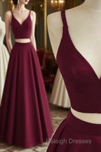 Simple Two Pieces Burgundy Long Prom Dress, Burgundy Evening Dress