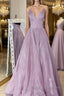 Simple v neck A-line long prom dress sequin evening dress