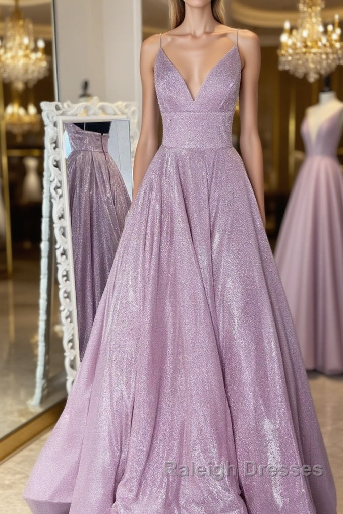 Simple v neck A Line Prom Dresses Long sequin Prom Dresses Main image