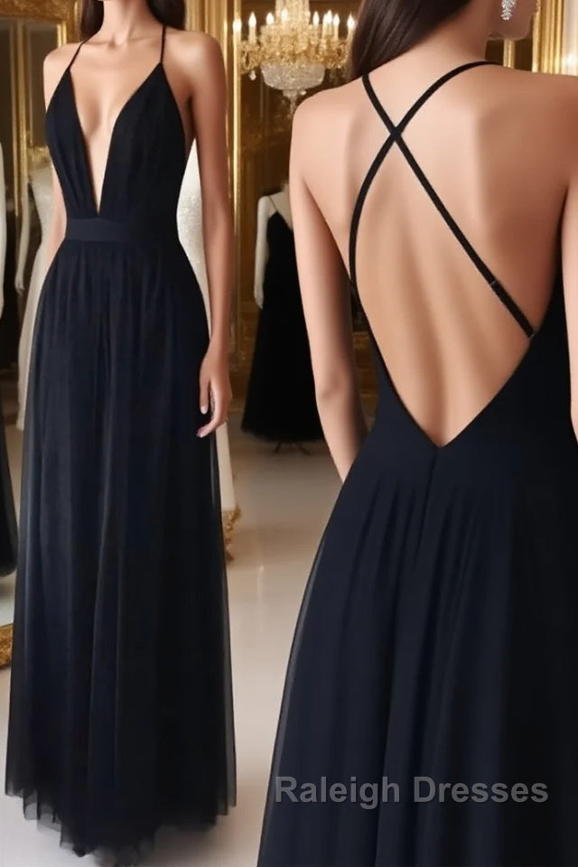 Simple v neck black tulle long prom dress, black evening dress Main image