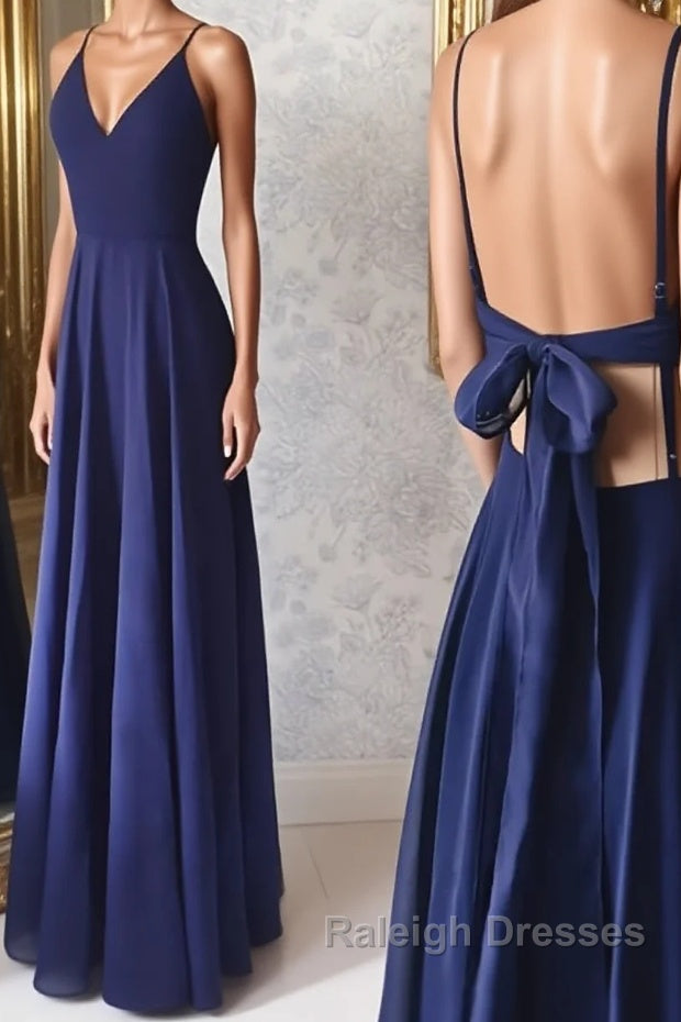 Simple v neck blue long prom dress, blue evening dress