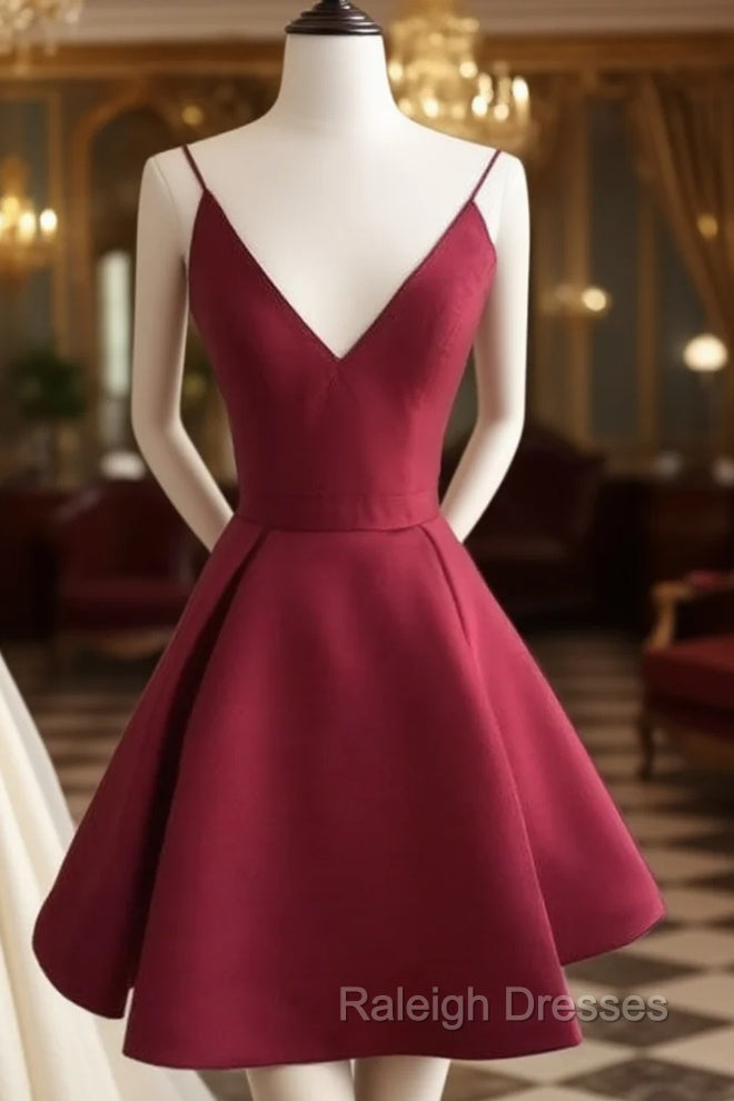 Simple V Neck Burgundy Short Prom Dress, Burgundy Homecoming Dress Main image