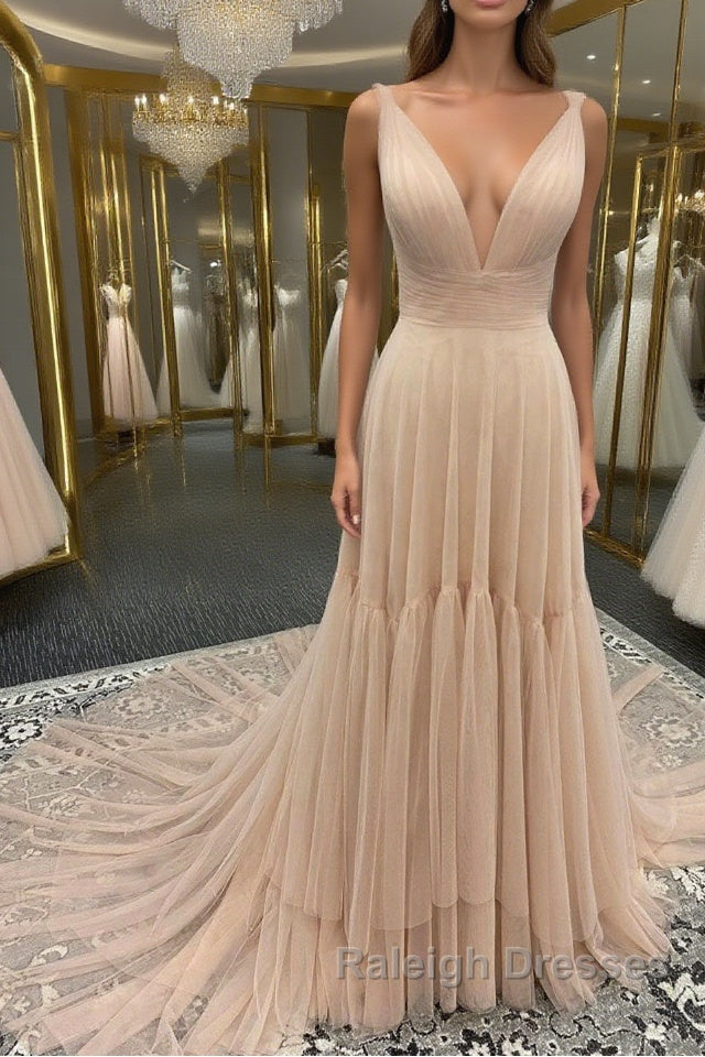 Simple v neck champagne tulle long prom dress, champagne evening dress