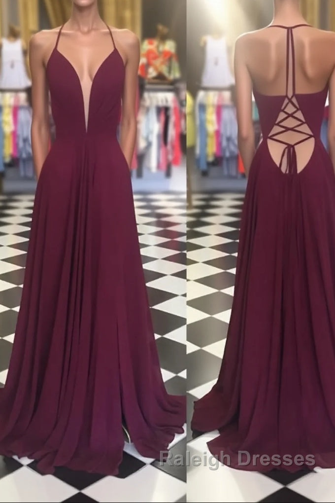 Simple v neck chiffon backless long prom dress, Burgundy evening dress Main image