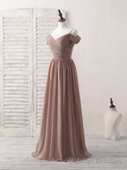 Simple V Neck Dark Champagne Chiffon Long Prom Dress, Bridesmaid Dress