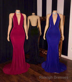 Simple V Neck Halter Brush Train Mermaid Prom Dresses