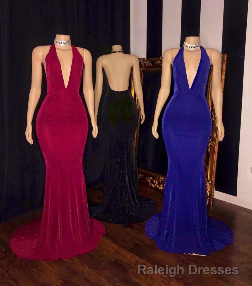 Simple V Neck Halter Brush Train Mermaid Prom Dresses