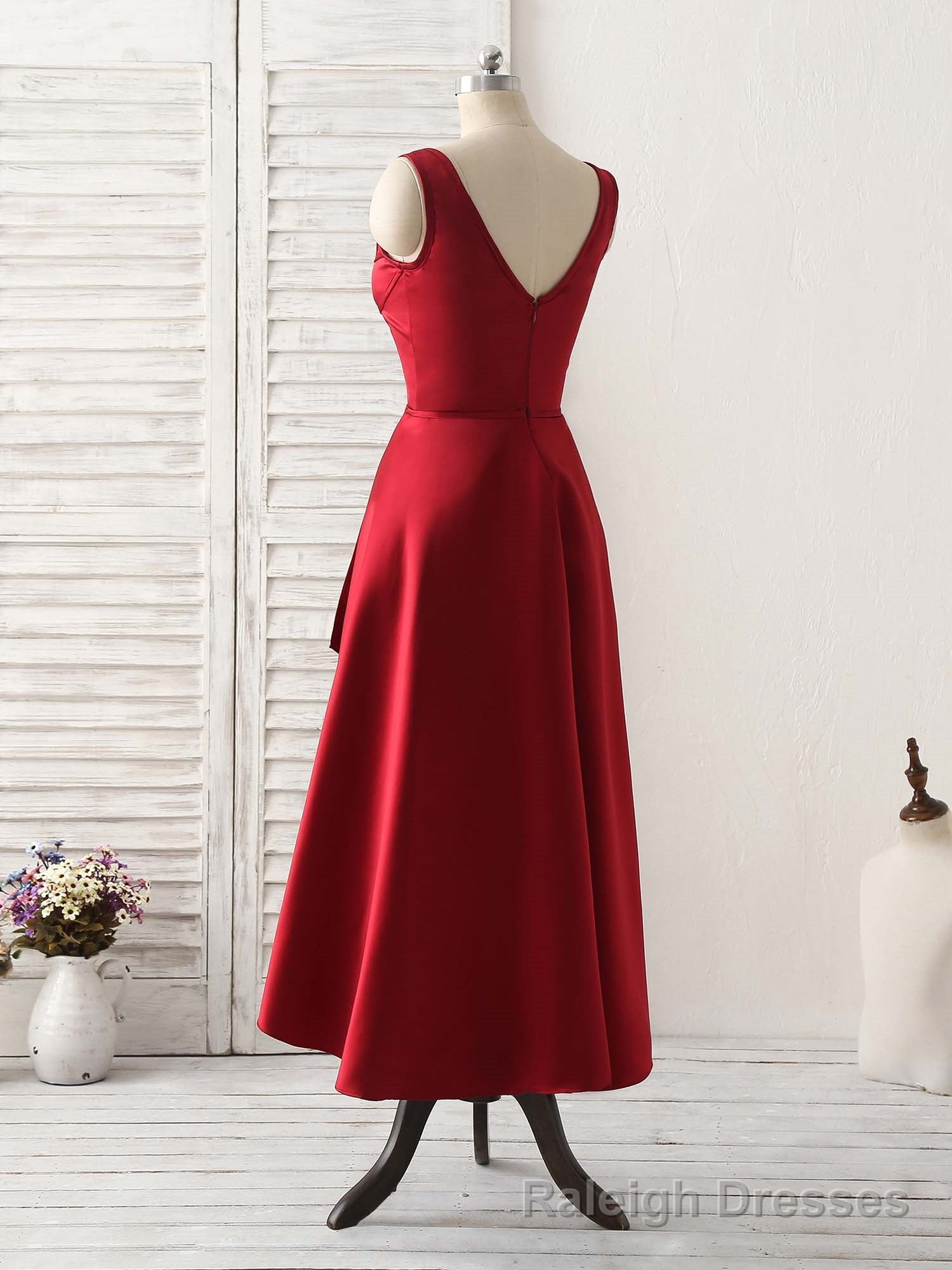 Simple V Neck High Low Prom Dress Burgundy Prom Dress