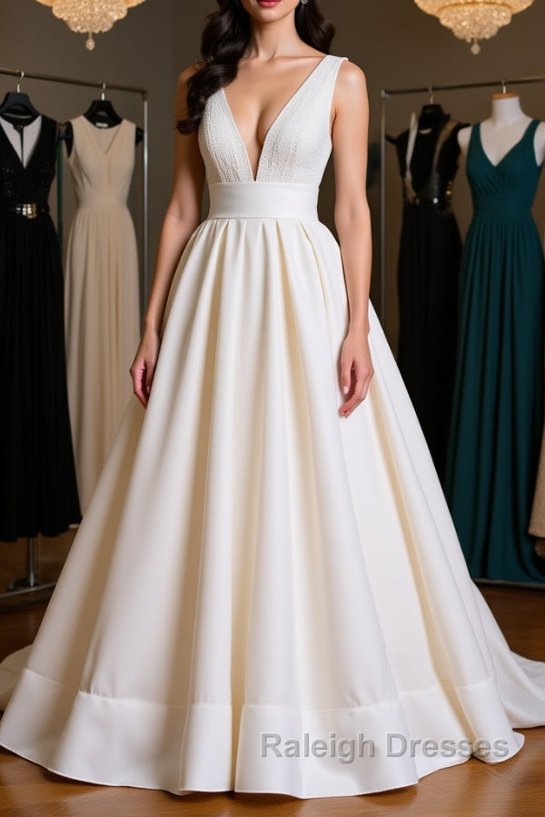 Simple V Neck Ivory Satin Long Prom Dresses Open Back Ivory Prom Dresses Ivory Wedding Dresses Main image