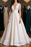 Simple V Neck Ivory Satin Long Prom Dresses Open Back Ivory Prom Dresses Ivory Wedding Dresses