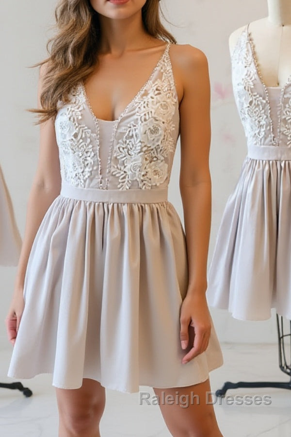 Simple v neck lace short prom dress, homecoming dress Main image