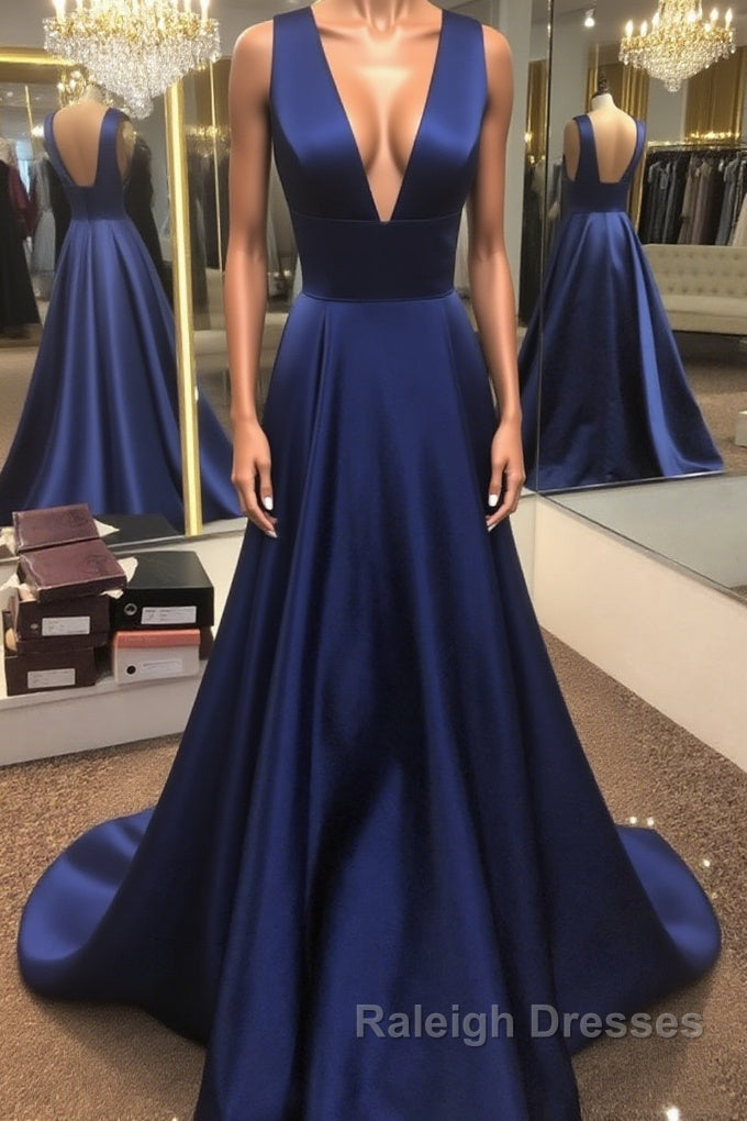 Simple V Neck Open Back Blue Long Prom Dresses V Neck Blue Prom Dresse