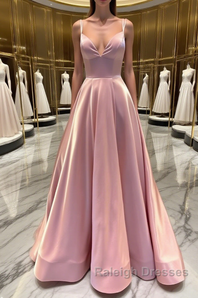 Simple v neck pink satin Prom Dresses Long pink Prom Dresses