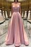 Simple v neck pink satin Prom Dresses Long pink Prom Dresses
