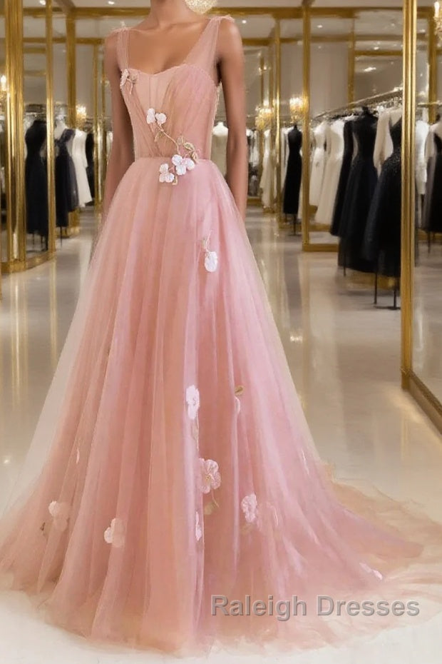 Simple v neck pink tulle long prom dress, pink evening dress Main image