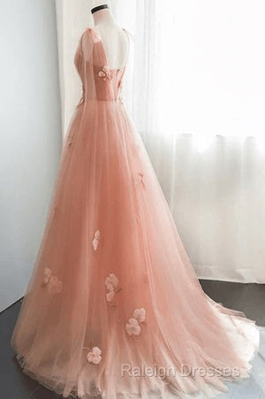 Simple V Neck Pink Tulle Long Prom Dress Pink Tulle A Line Evening Dress