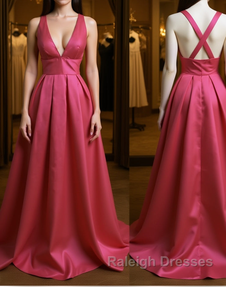 Simple V Neck Pleated Satin Long Prom Dresses, V Neck Evening Dresses, Formal Dresses, Graduation Dresses Main image