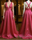 Simple V Neck Pleated Satin Long Prom Dresses, V Neck Evening Dresses, Formal Dresses, Graduation Dresses