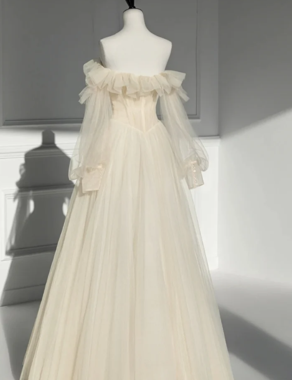 Champagne Off-The-Shoulder Gown Dress Long Sleeve Prom Dress Evening Dress