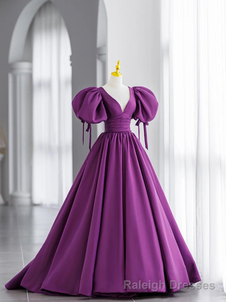 Simple V Neck Puffy Sleeves Satin Long Prom Dress, Satin Prom Dress
