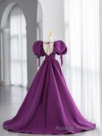 Simple V Neck Puffy Sleeves Satin Long Prom Dress, Satin Prom Dress